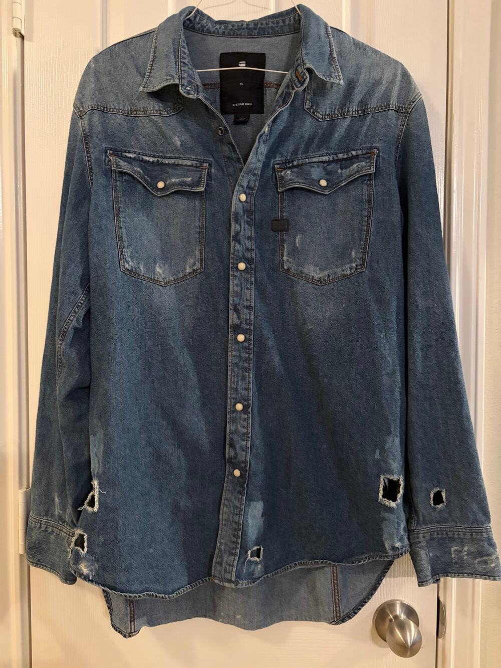 G-Star RAW 3301 Denim Shirt XL Distressed Bleached Button Grunge